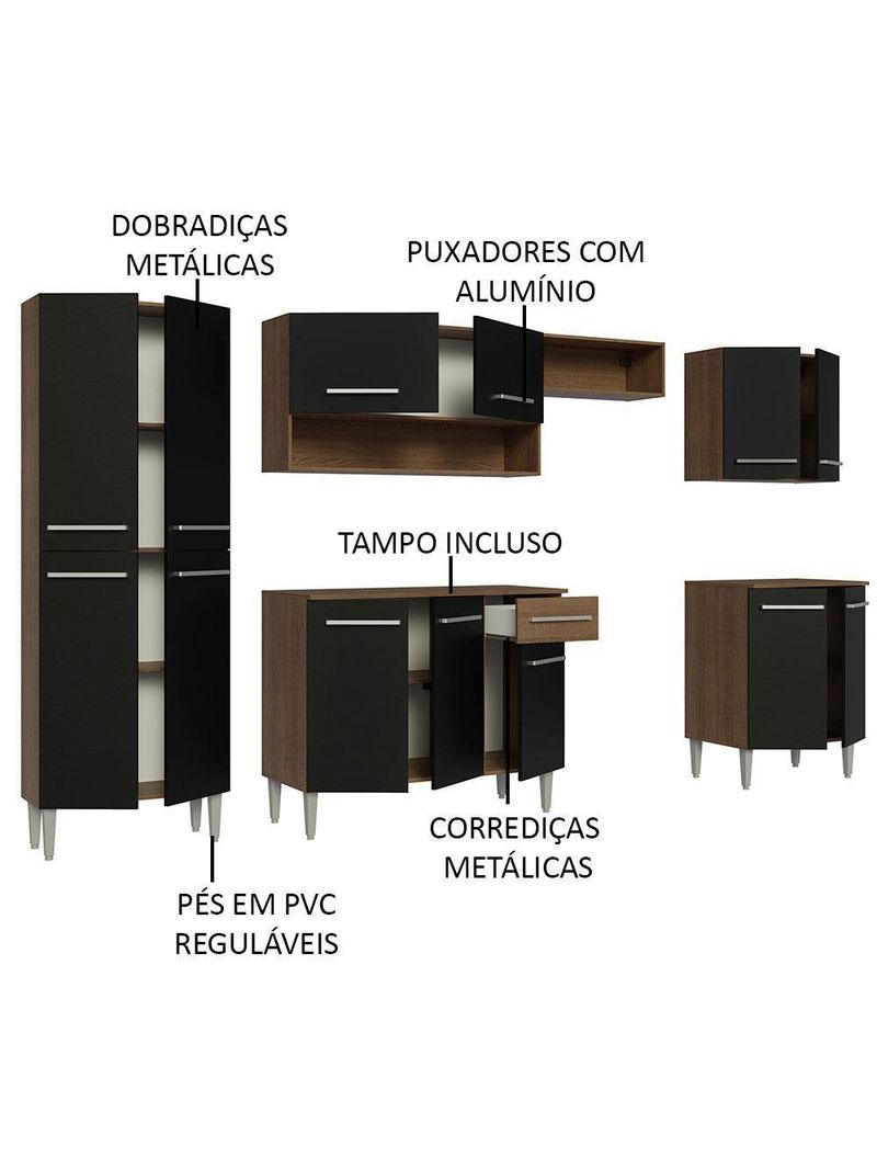 Armário De Cozinha Completa Madesa Emilly 293001 Com Balcão E Paneleiro Rustic/Preto