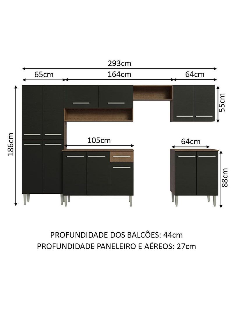 Armário De Cozinha Completa Madesa Emilly 293001 Com Balcão E Paneleiro Rustic/Preto