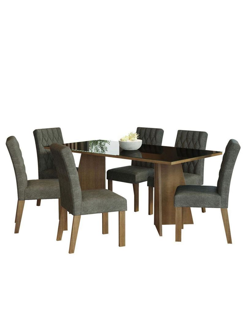 Conjunto Sala Jantar Mesa Vidro 6 Cadeiras Rustic-preto