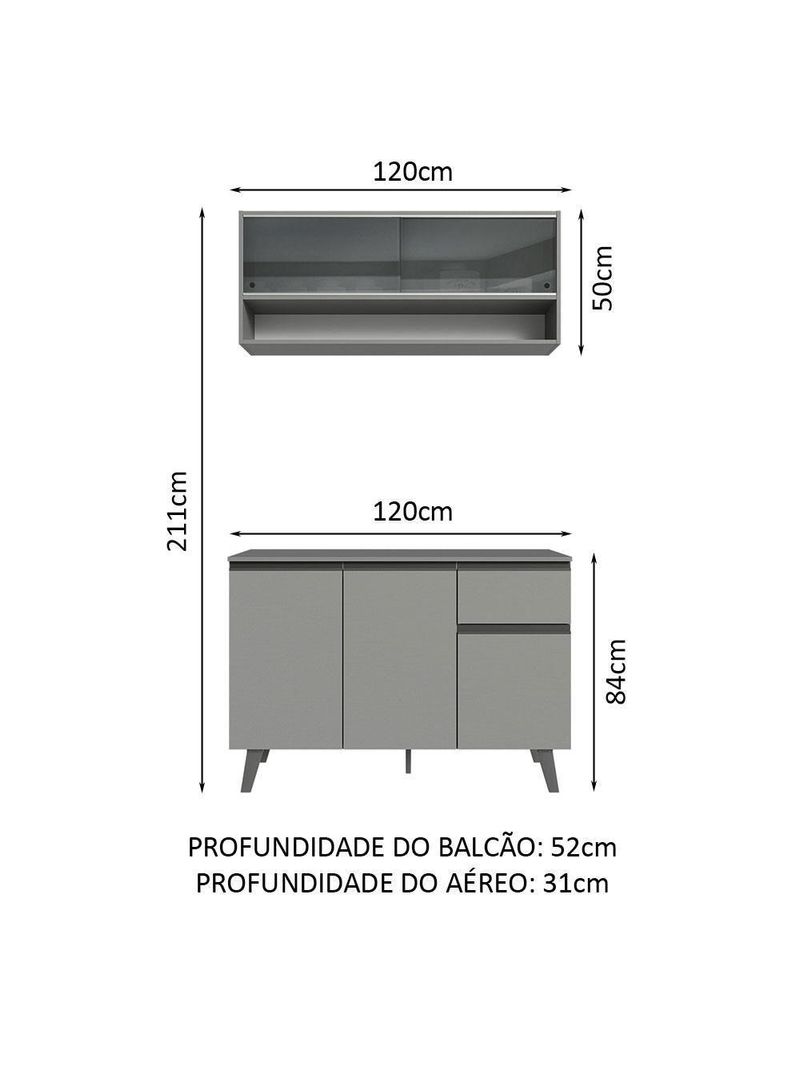 Armário de Cozinha Compacta 120 cm – Cinza – Nice Madesa 01