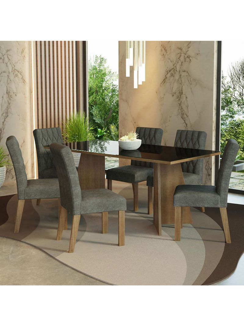 Conjunto Sala Jantar Mesa Vidro 6 Cadeiras Rustic-preto