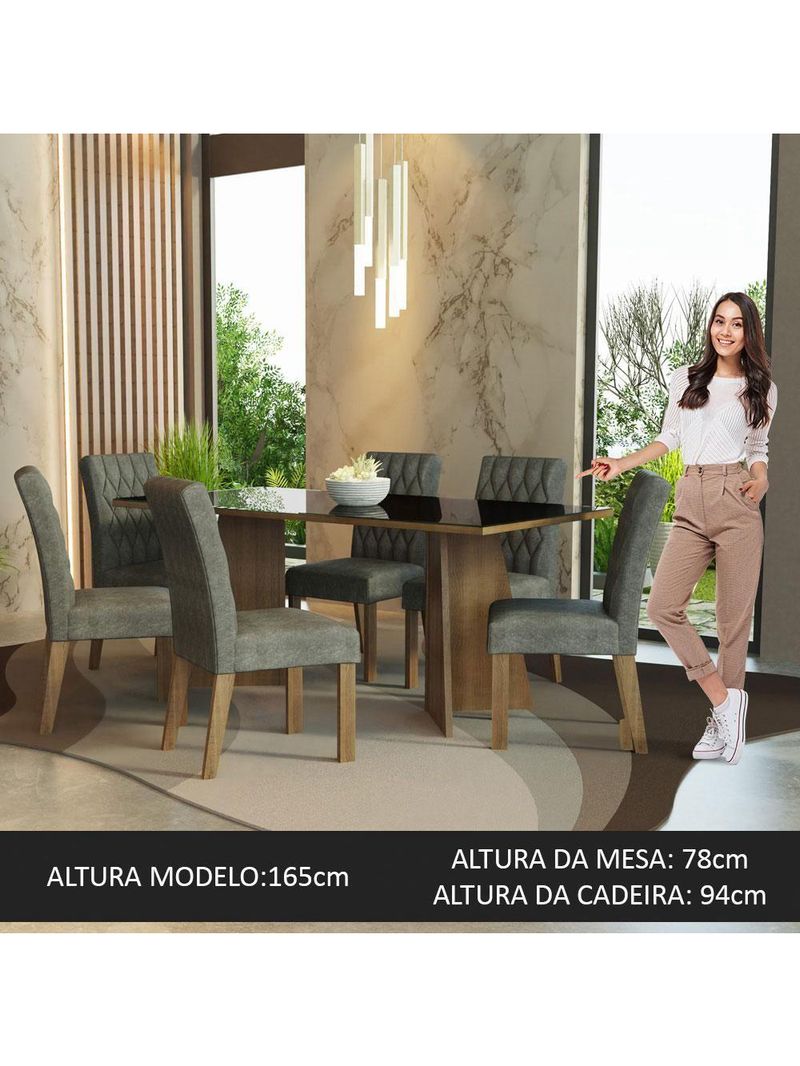 Conjunto Sala Jantar Mesa Vidro 6 Cadeiras Rustic-preto