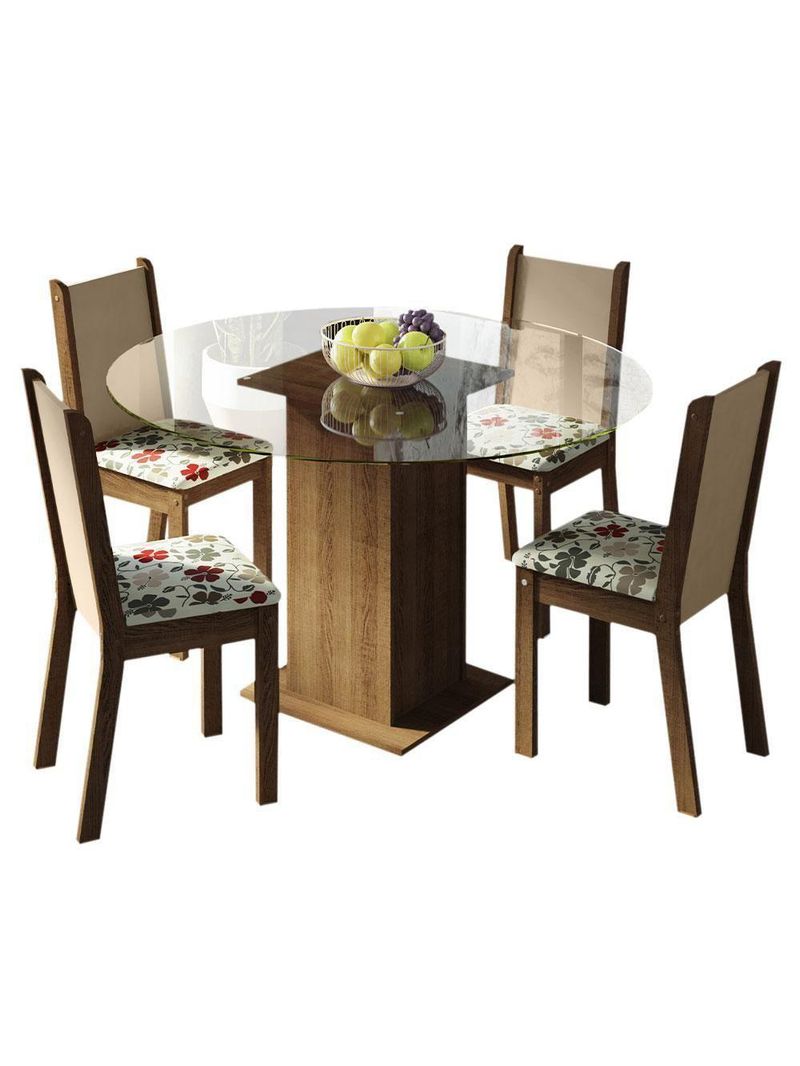 Conj Mesa Tampo De Vidro 4 Cadeiras Rustic/Crema/hibiscos