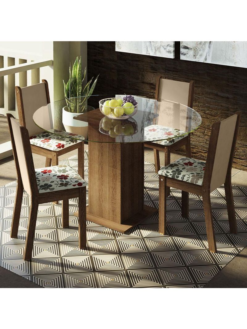 Conj Mesa Tampo De Vidro 4 Cadeiras Rustic/Crema/hibiscos