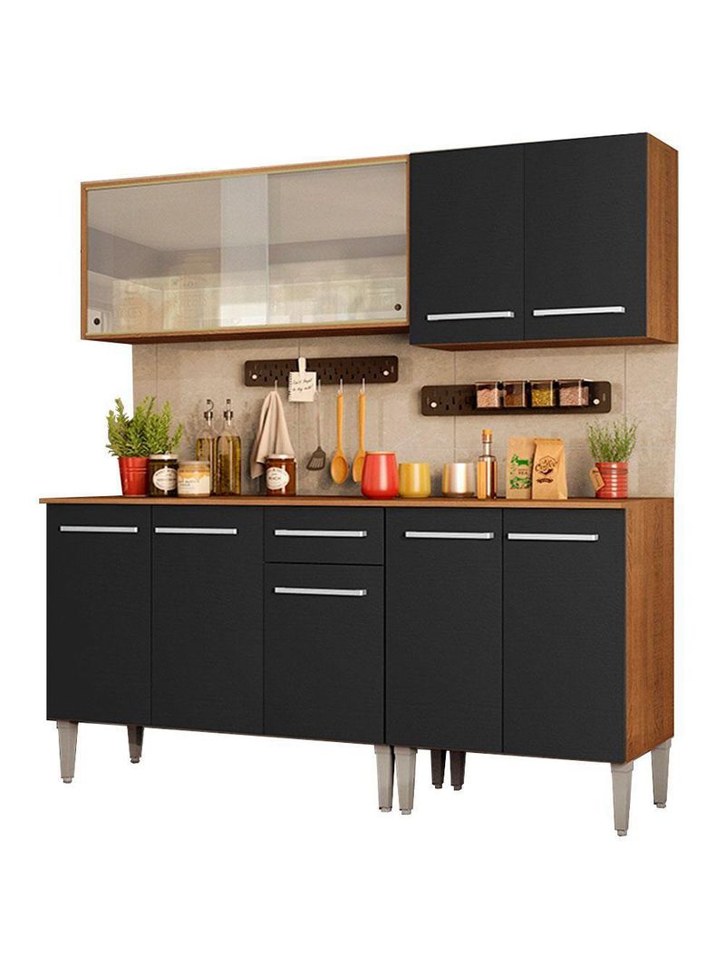 Armário de Cozinha Emilly Box com Balcão e Aéreo Vidro Preto