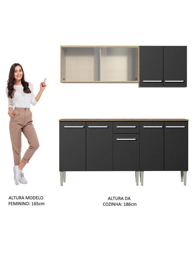 Armário de Cozinha Emilly Box com Balcão e Aéreo Vidro Preto