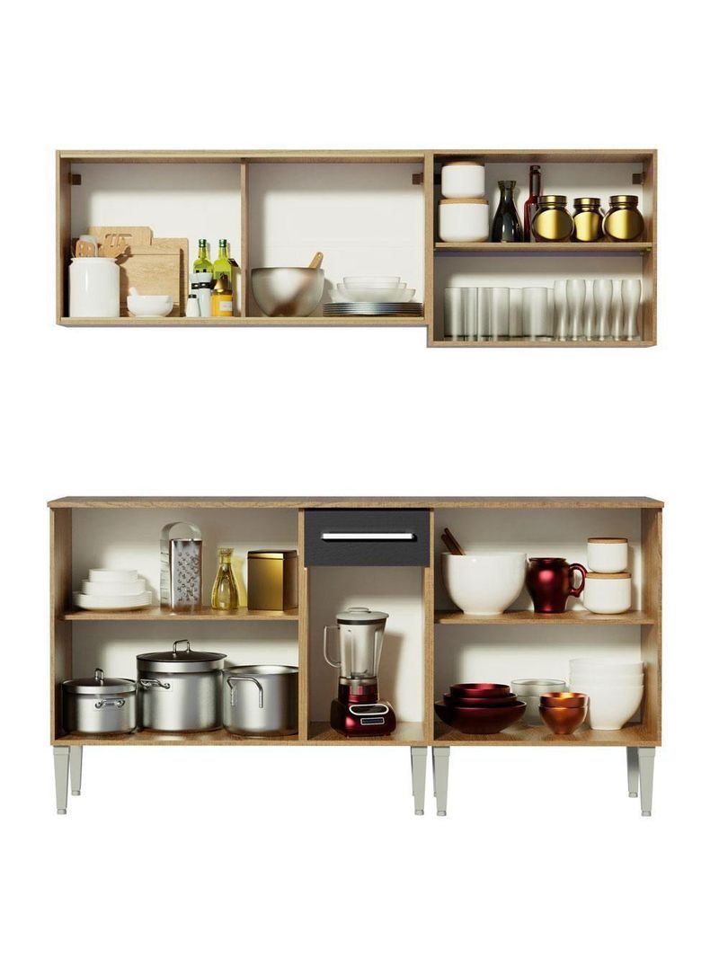 Armário de Cozinha Emilly Box com Balcão e Aéreo Vidro Preto