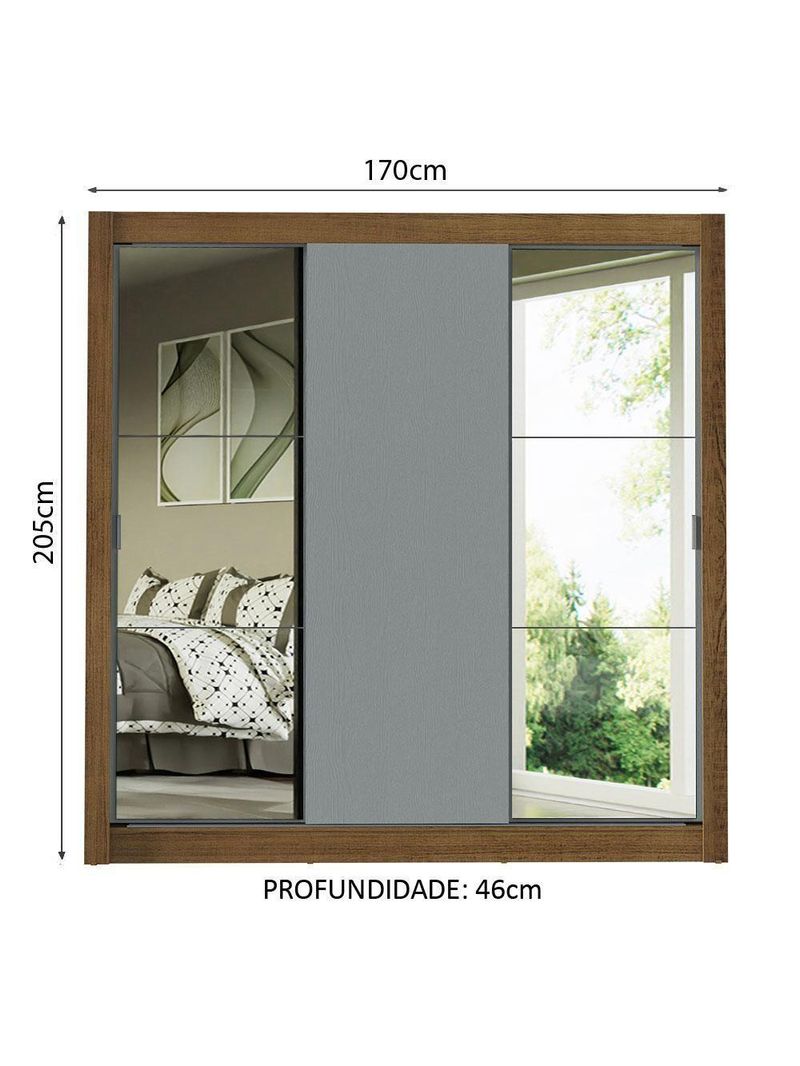 Guarda-roupa Casal 3 Portas Com Espelhos Rustic/Cinza