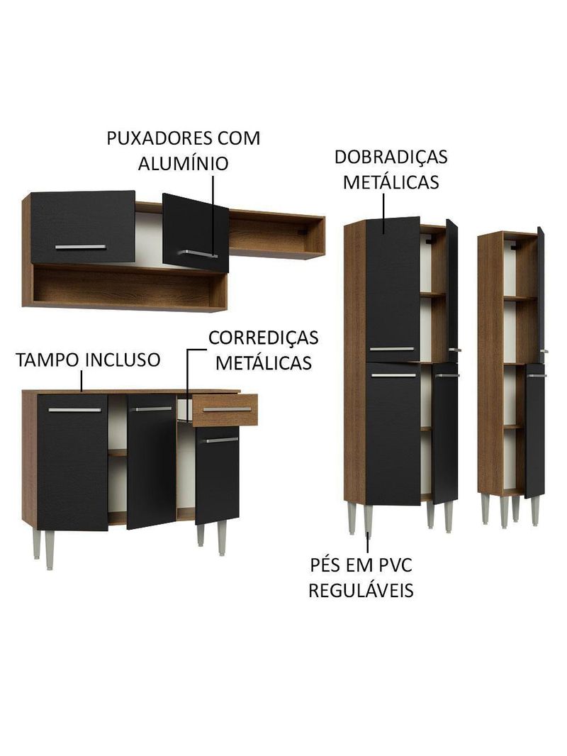 Armário De Cozinha Completa 261Cm Rustic/Preto