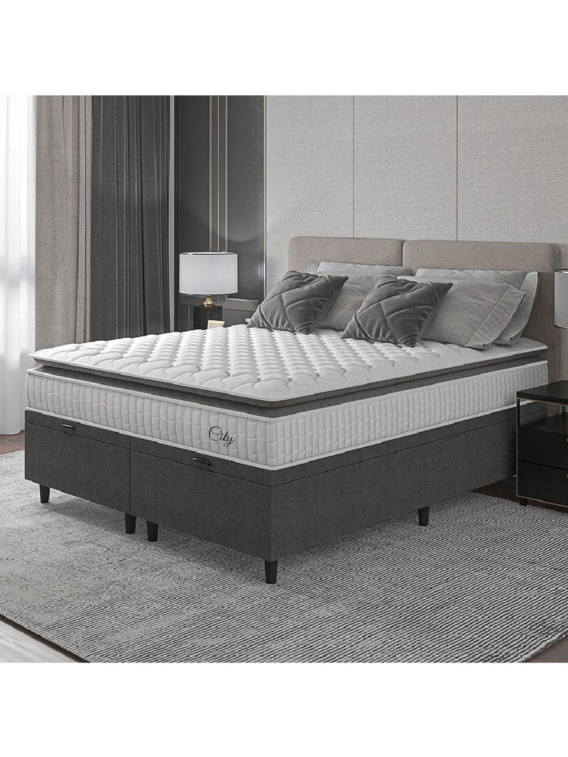 Cama Box Baú Colchão Casal Queen Molas Ensacadas City Pillow Top 158x198x64cm Branco-Preto Hellen Suporta até 110kg por Pessoa