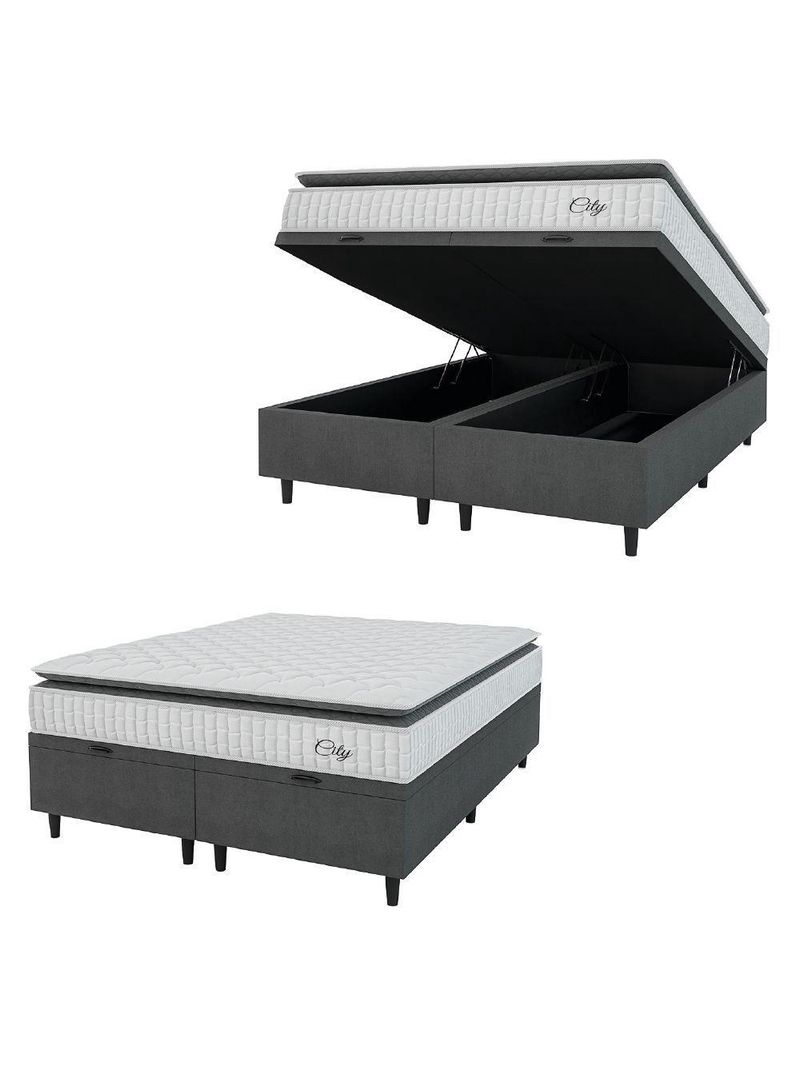 Cama Box Baú Colchão Casal Queen Molas Ensacadas City Pillow Top 158x198x64cm Branco-Preto Hellen Suporta até 110kg por Pessoa