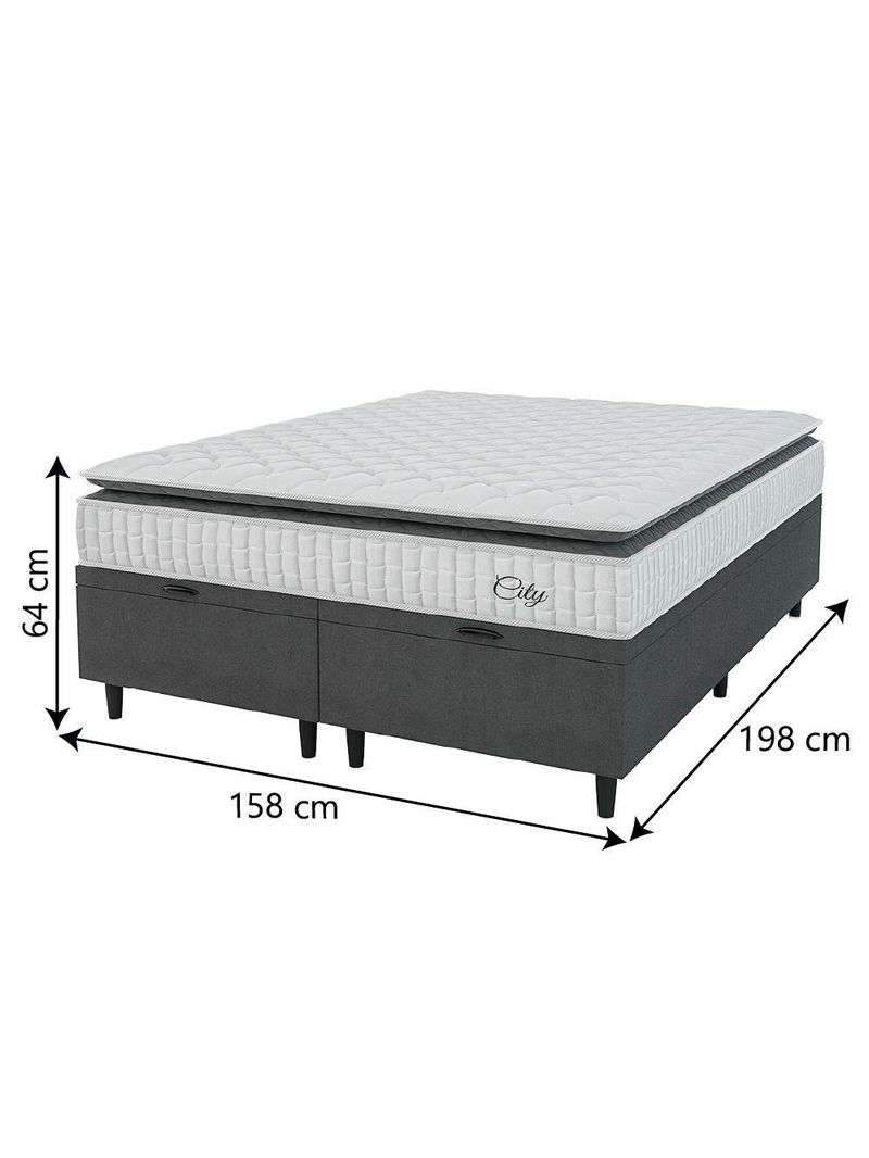 Cama Box Baú Colchão Casal Queen Molas Ensacadas City Pillow Top 158x198x64cm Branco-Preto Hellen Suporta até 110kg por Pessoa