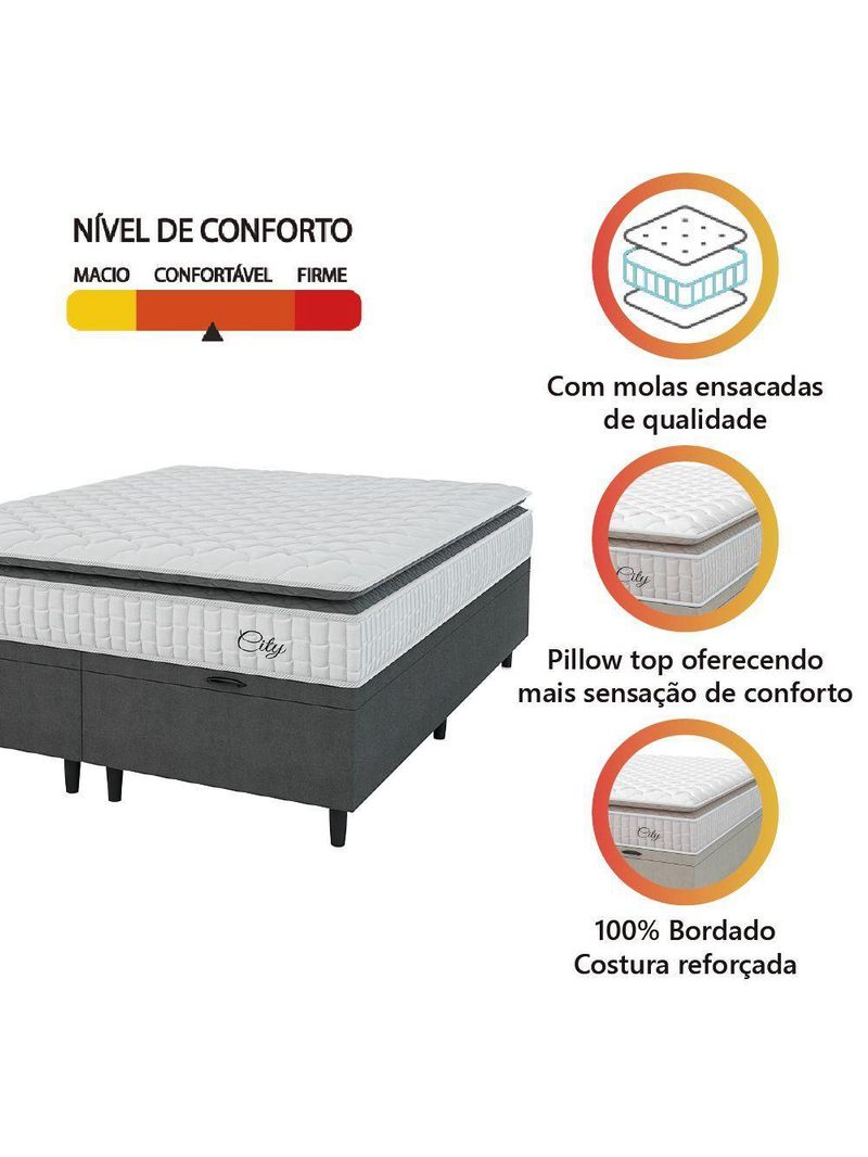 Cama Box Baú Colchão Casal Queen Molas Ensacadas City Pillow Top 158x198x64cm Branco-Preto Hellen Suporta até 110kg por Pessoa