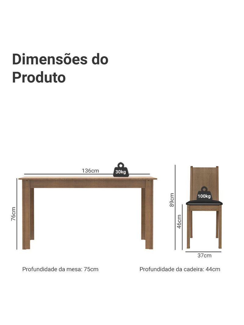 Conjunto Sala De Jantar Mesa Tampo De Madeira 6 Cadeiras Rustic Preto Analu Madesa