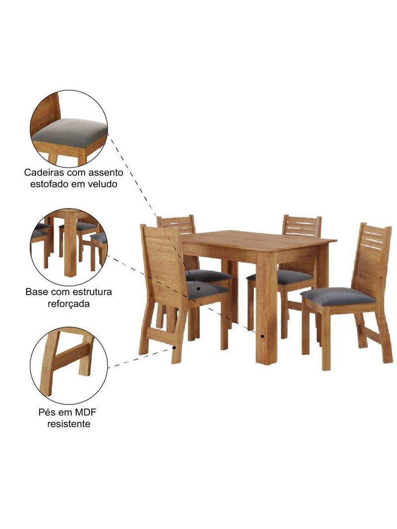 Conjunto De Mesa Sala De Jantar Place 1,10m 4 Cadeiras Veludo Viero Madeirado / Cinza