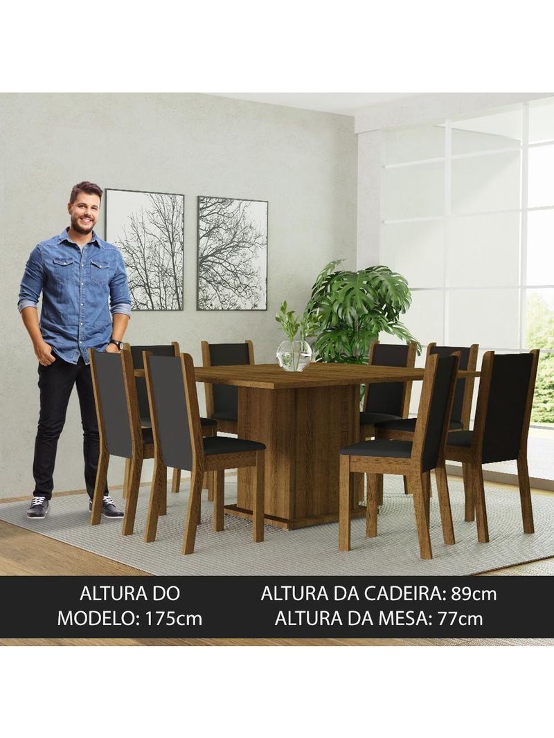 Conjunto Sala de Jantar Mesa Tampo de Madeira com 8 Cadeiras Marisa Madesa – Rustic/Preto