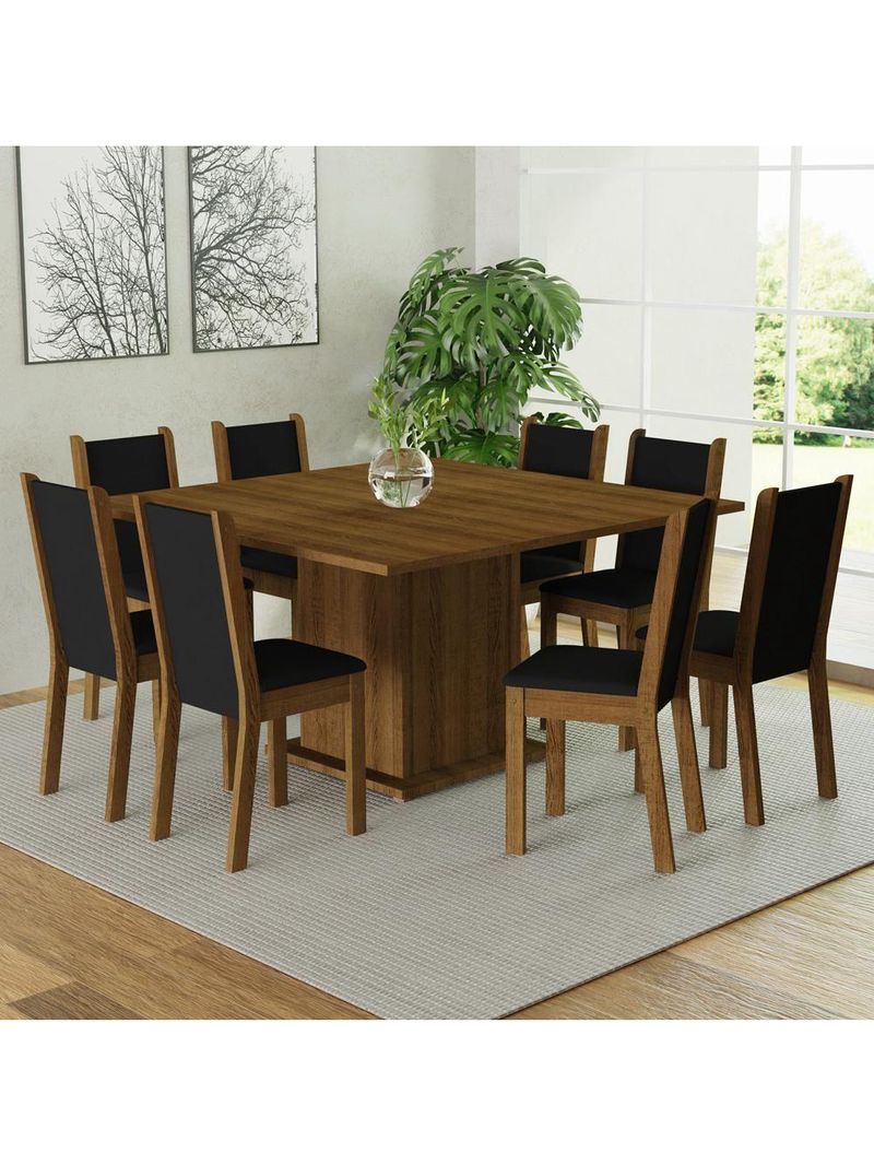 Conjunto Sala de Jantar Mesa Tampo de Madeira com 8 Cadeiras Marisa Madesa – Rustic/Preto