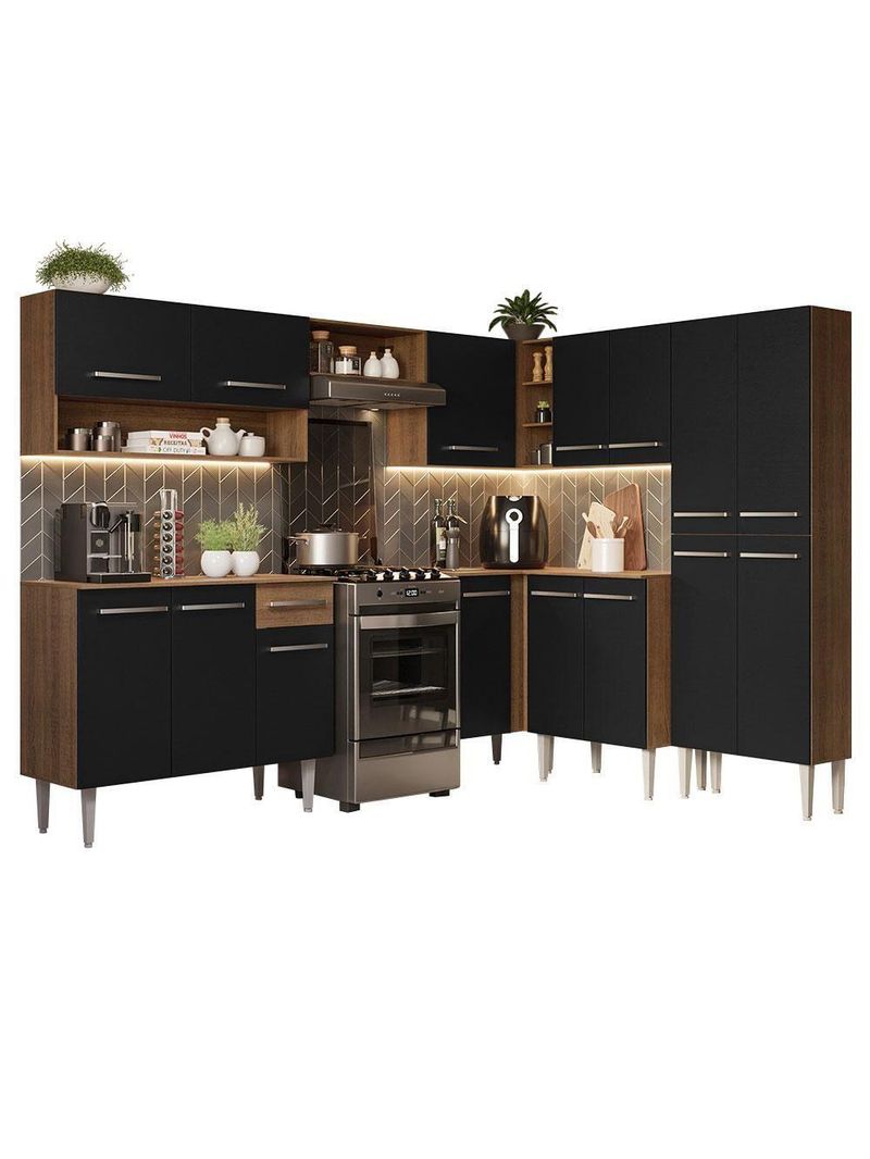 Armário De Cozinha Completa De Canto 417cm Rustic/Preto Emilly Madesa 02