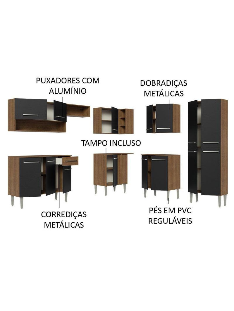 Armário De Cozinha Completa De Canto 417cm Rustic/Preto Emilly Madesa 02