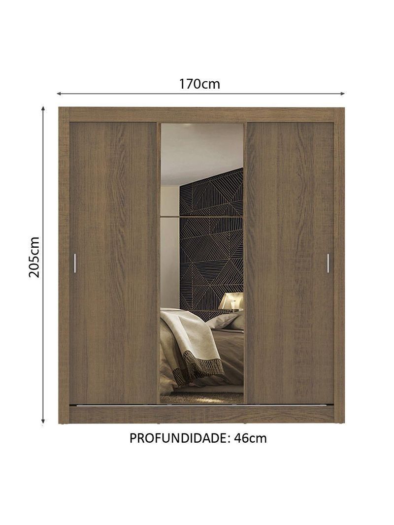 Guarda-Roupa Mônaco 3 Portas de Correr com 1 Espelho – Rustic | Madesa