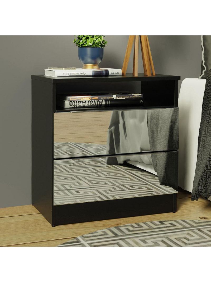 Mesa de Cabeceira Madesa 3227 2 Gavetas com Espelho Preto