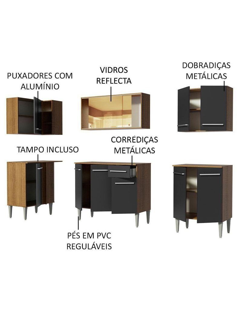 Armário De Cozinha Completa De Canto Madesa Emilly Play Balcão E Aéreo Vidro Reflex Rustic/preto