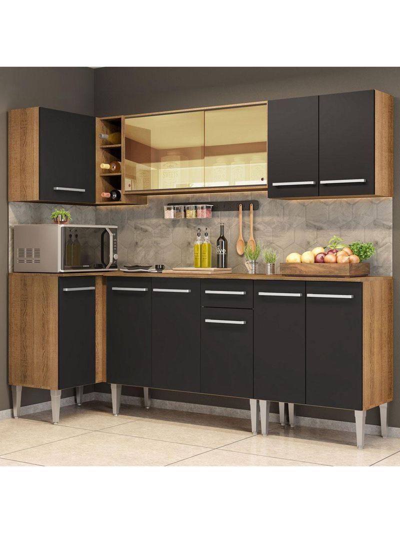 Armário De Cozinha Completa De Canto Madesa Emilly Play Balcão E Aéreo Vidro Reflex Rustic/preto