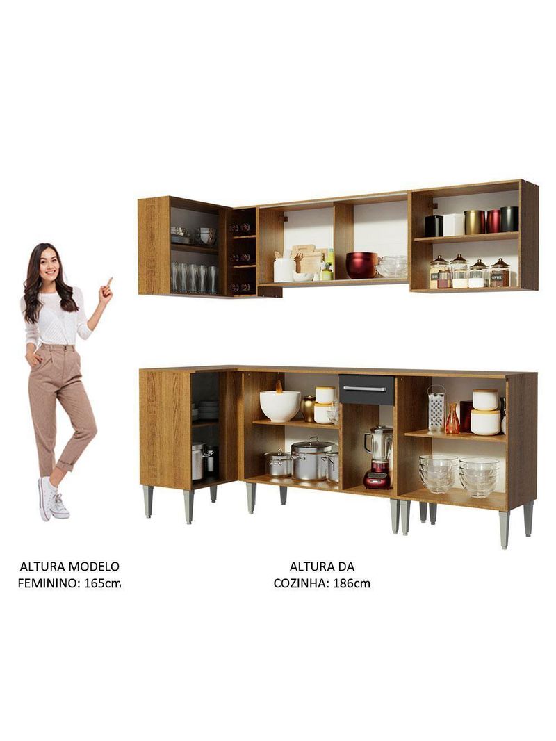 Armário De Cozinha Completa De Canto Madesa Emilly Play Balcão E Aéreo Vidro Reflex Rustic/preto