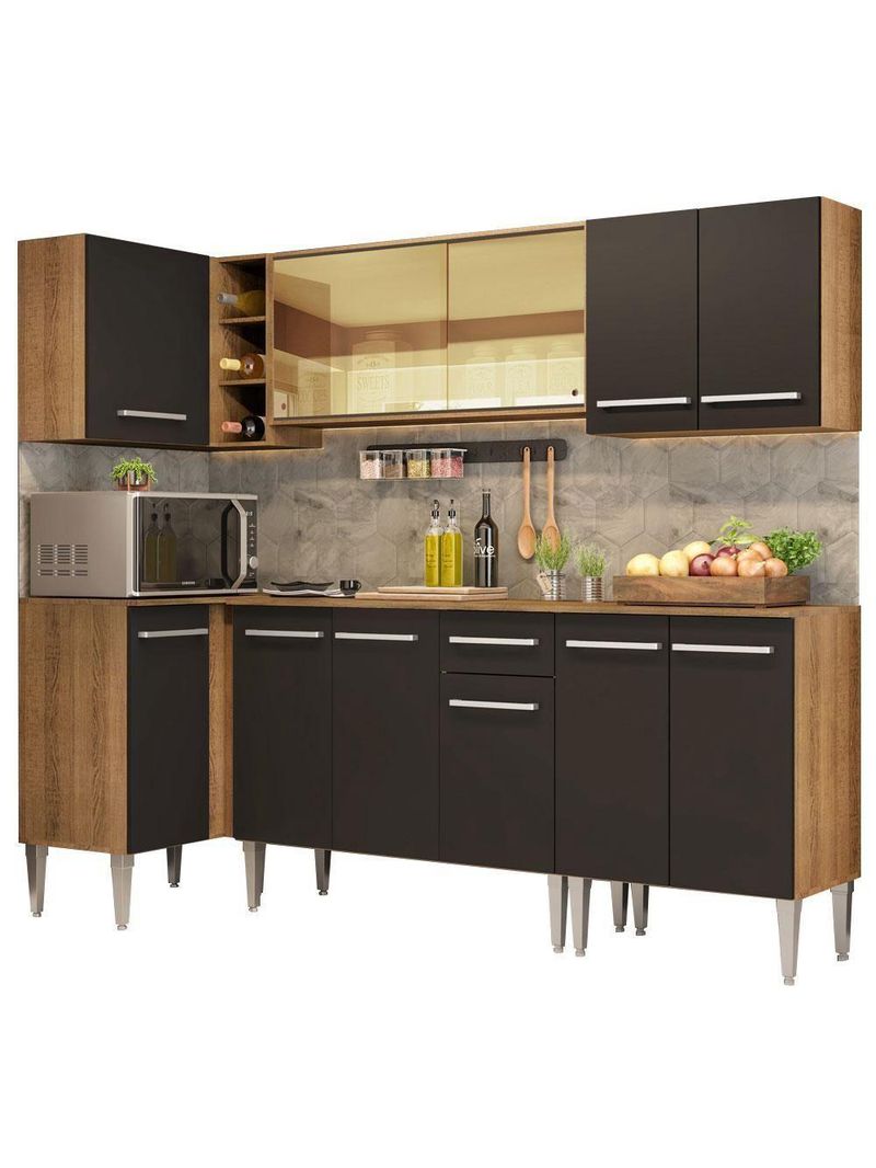 Armário De Cozinha Completa De Canto Madesa Emilly Play Balcão E Aéreo Vidro Reflex Rustic/preto