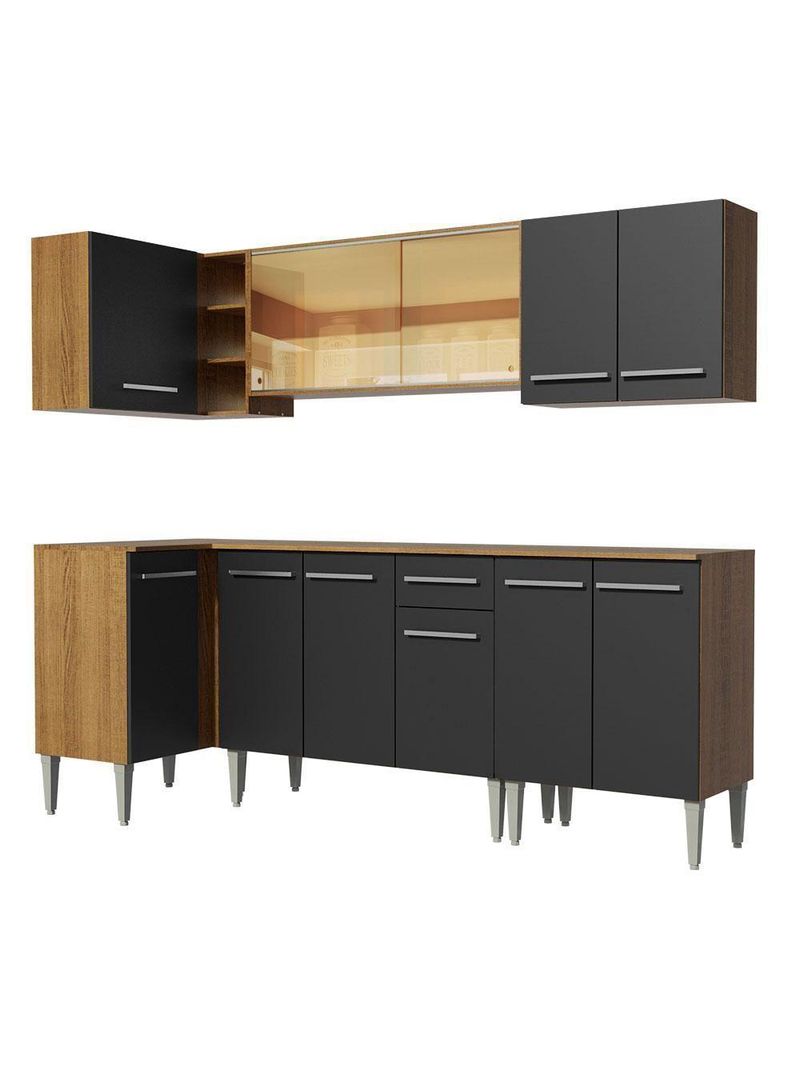 Armário De Cozinha Completa De Canto Madesa Emilly Play Balcão E Aéreo Vidro Reflex Rustic/preto