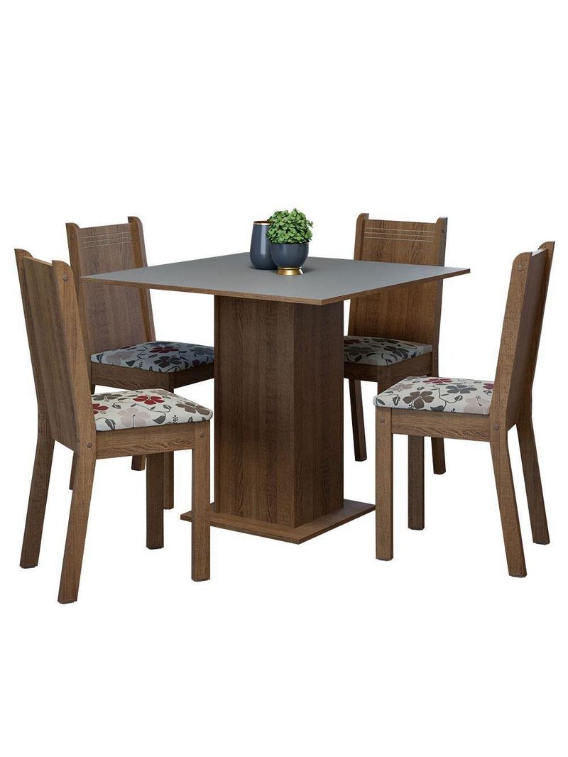 Conjunto Sala de Jantar Mesa Tampo de Madeira 4 Cadeiras – Rustic/Cinza/Floral Hibiscos – Samara Madesa
