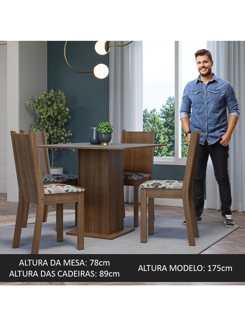Conjunto Sala de Jantar Mesa Tampo de Madeira 4 Cadeiras – Rustic/Cinza/Floral Hibiscos – Samara Madesa