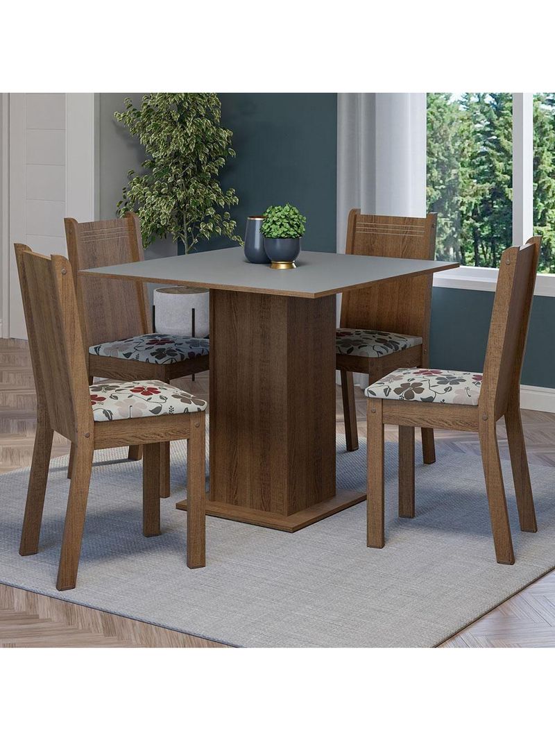 Conjunto Sala de Jantar Mesa Tampo de Madeira 4 Cadeiras – Rustic/Cinza/Floral Hibiscos – Samara Madesa