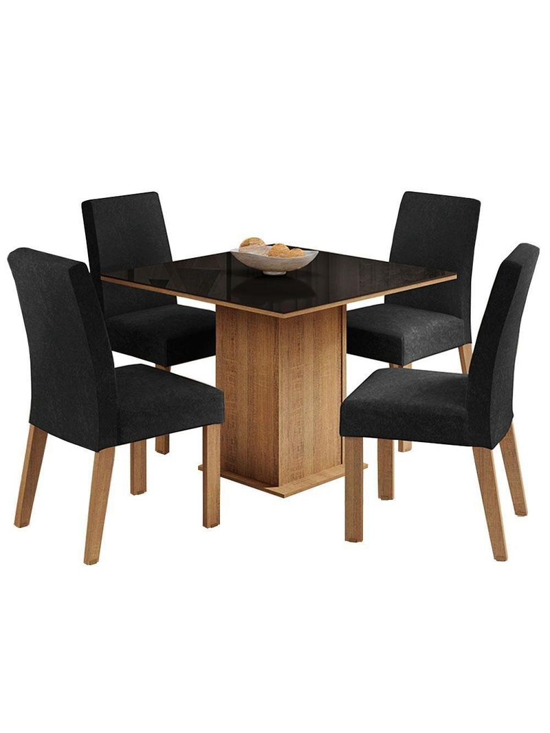 Conjunto Sala de Jantar Mesa Tampo de Vidro 4 Cadeiras Rustic/Preto Oxford – Evelin Madesa