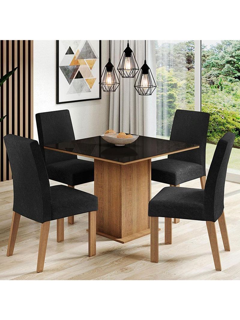 Conjunto Sala de Jantar Mesa Tampo de Vidro 4 Cadeiras Rustic/Preto Oxford – Evelin Madesa