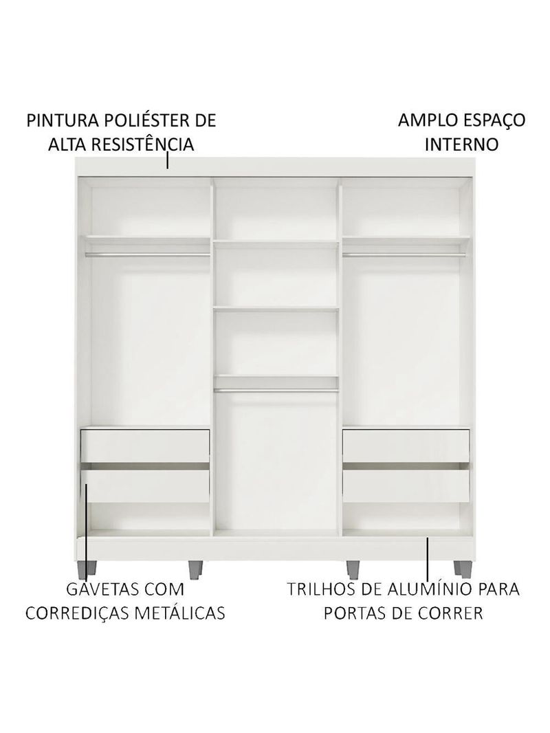 Guarda-Roupa Napoli 3 Portas 1 Espelho 8 Pés Branco Madesa
