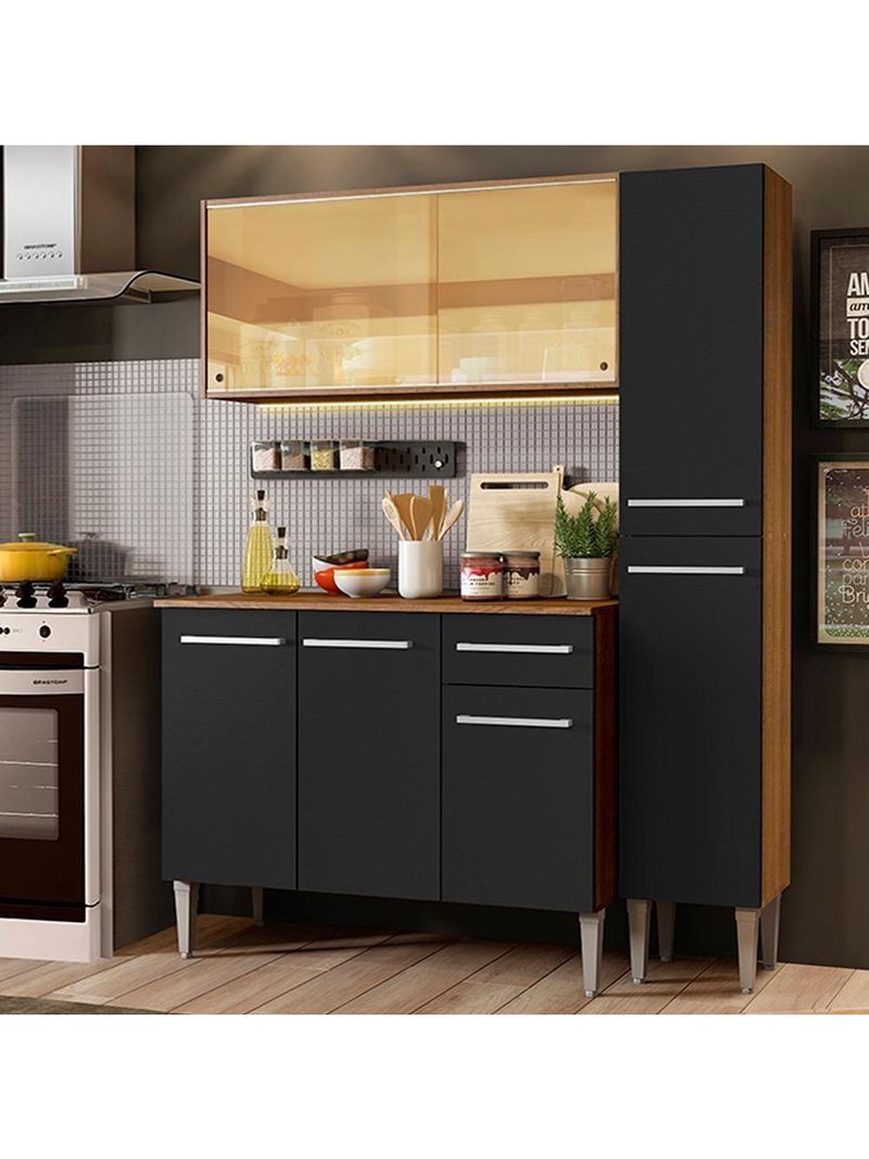 Cozinha Madesa Armário Balcão e Paneleiro Rustic/preto