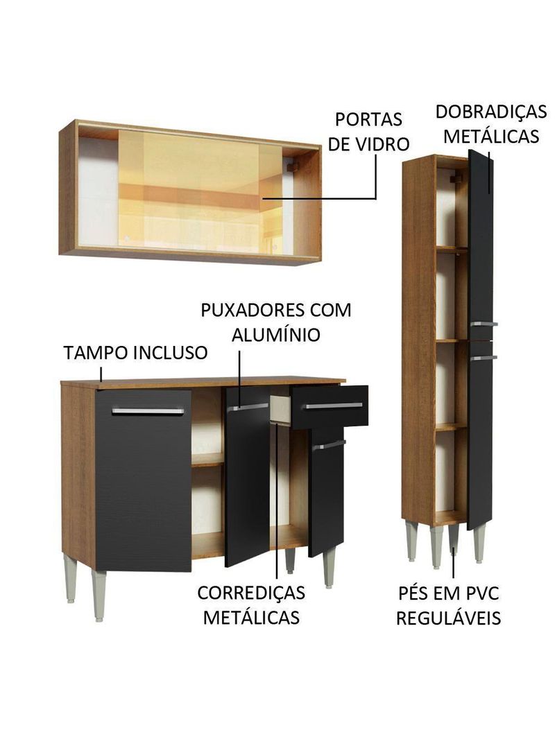 Cozinha Madesa Armário Balcão e Paneleiro Rustic/preto