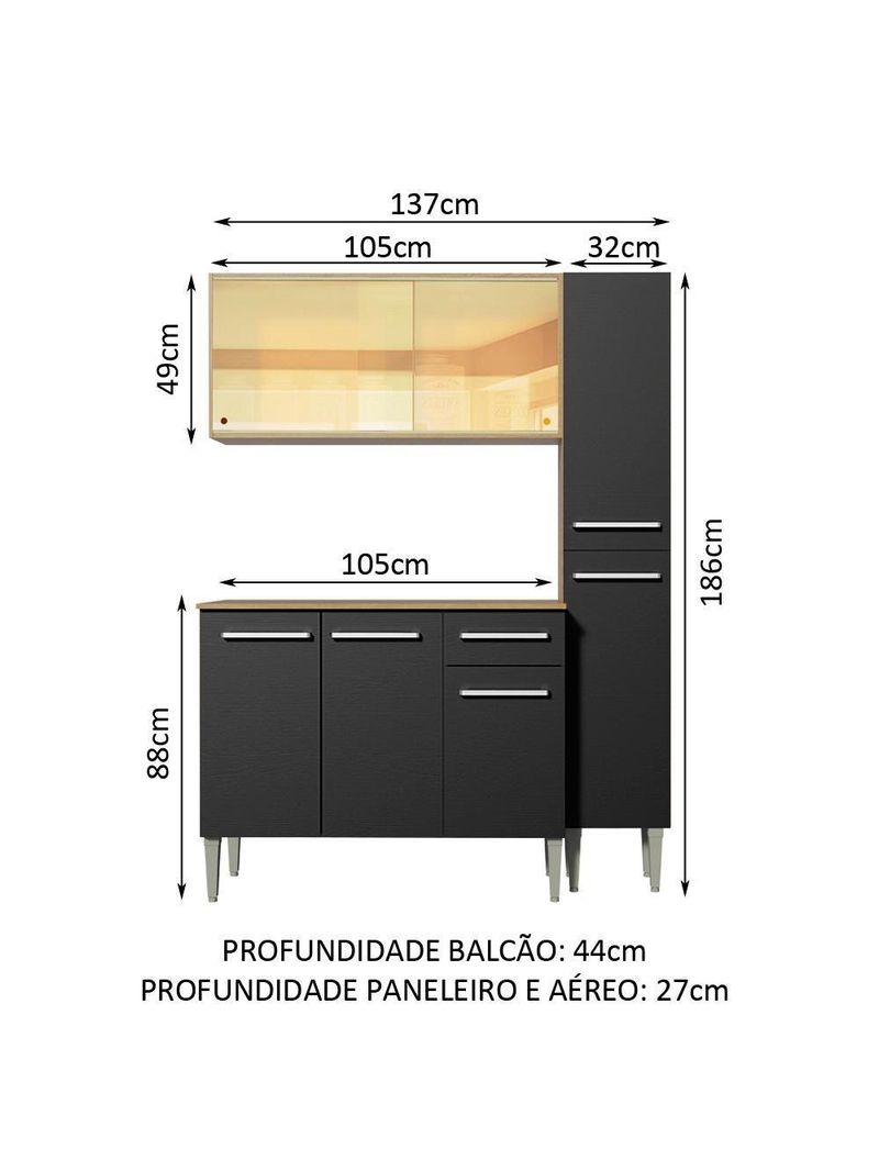 Cozinha Madesa Armário Balcão e Paneleiro Rustic/preto