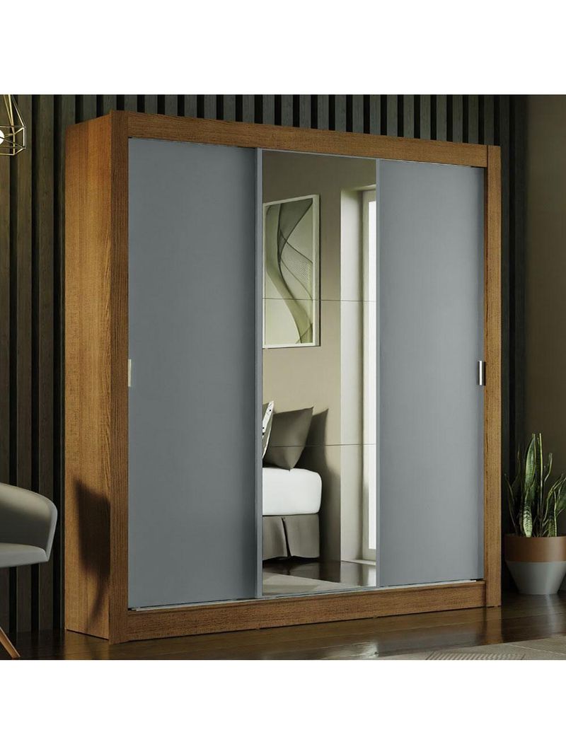 Guarda-roupa Casal Mônaco 3 Portas Com Espelho Rustic/Cinza