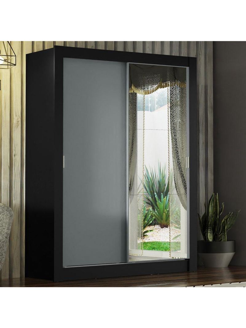 Guarda-roupa Solteiro 2 Portas Com Espelho Preto/Cinza