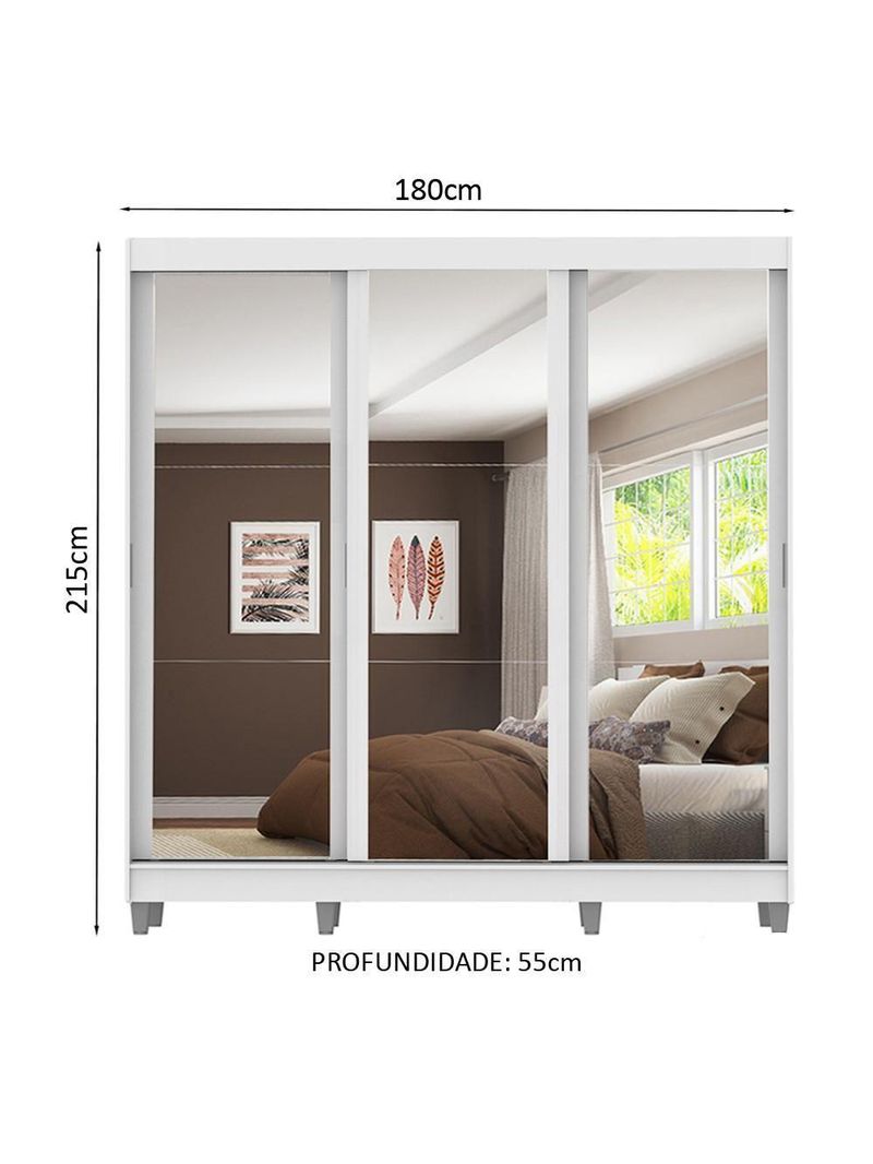 Guarda-Roupa Napoli 3 Portas de Espelho 8 Pés Branco Madesa