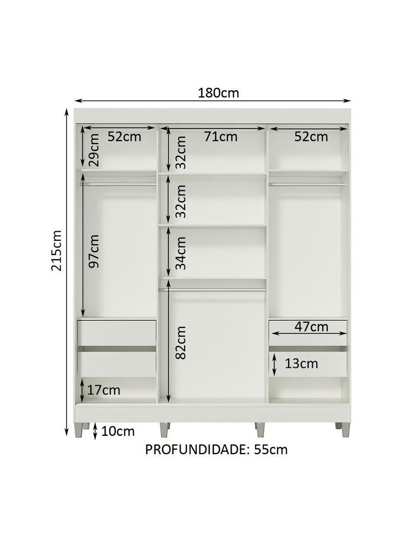 Guarda-Roupa Napoli 3 Portas de Espelho 8 Pés Branco Madesa