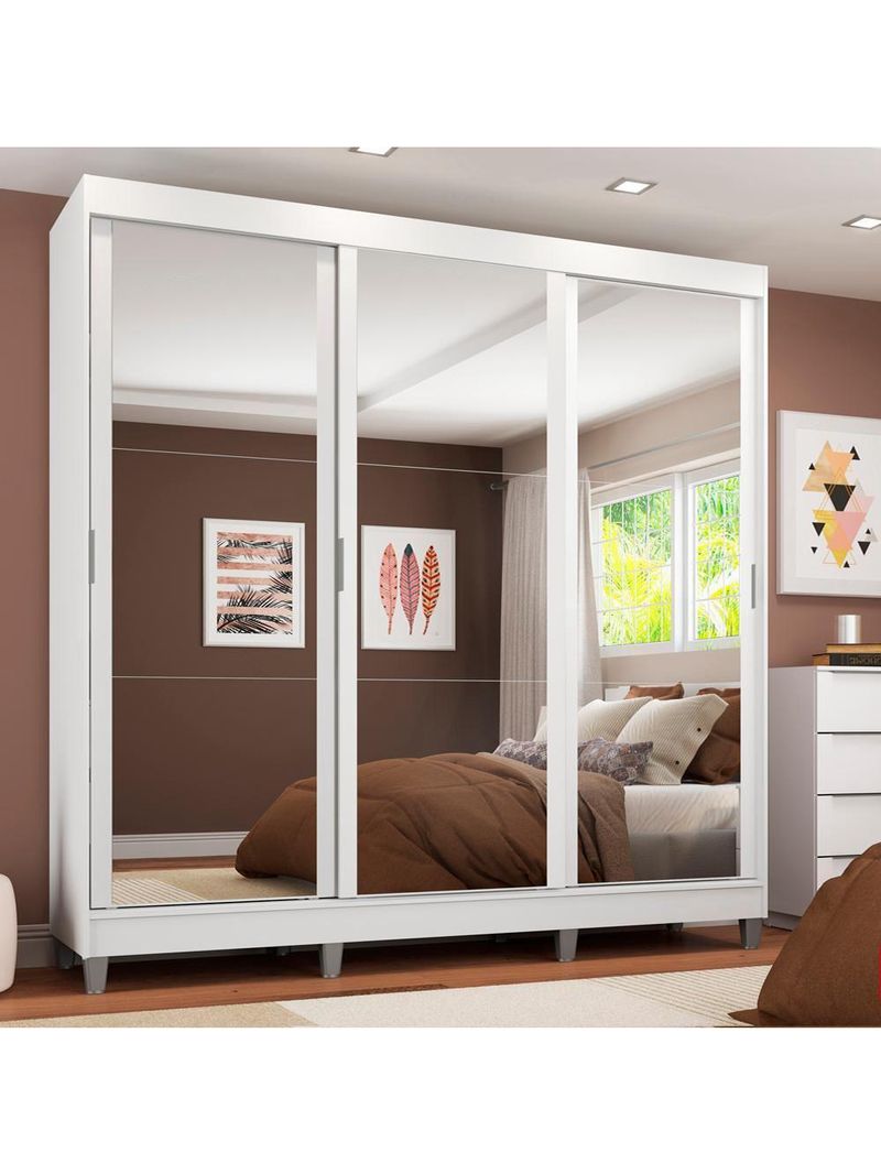 Guarda-Roupa Napoli 3 Portas de Espelho 8 Pés Branco Madesa