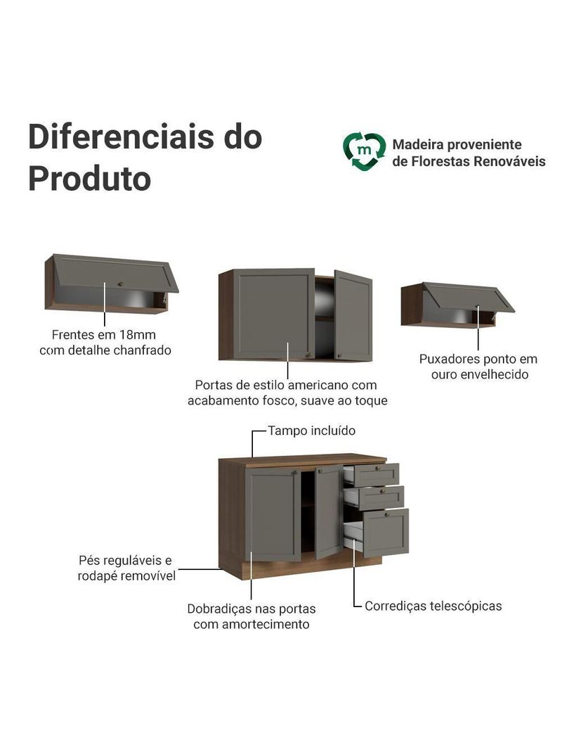 Armário de Cozinha Completa 280cm Vik Madesa 01 – Rustic/Cinza