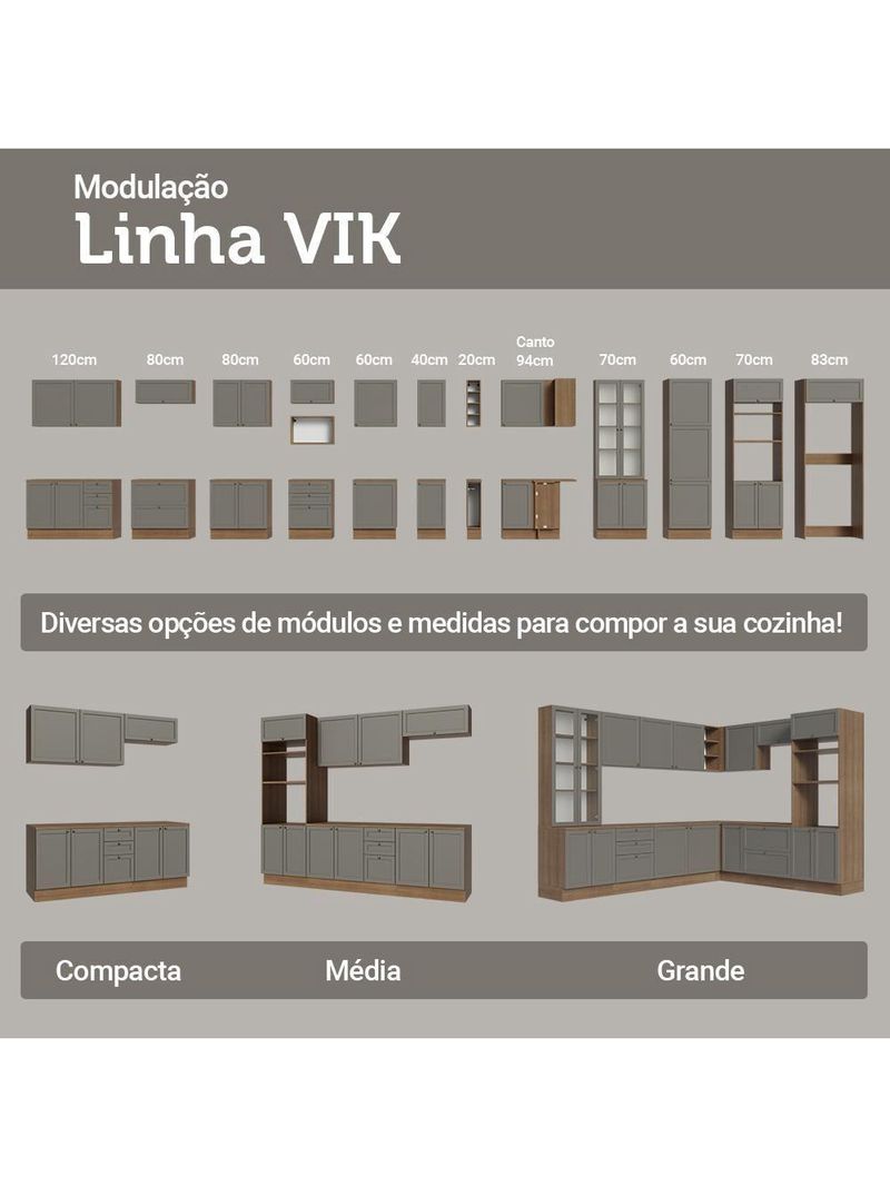 Armário de Cozinha Completa 280cm Vik Madesa 01 – Rustic/Cinza