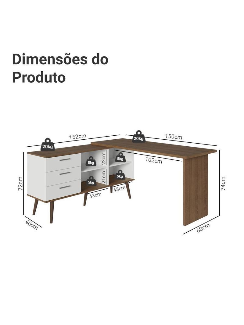 Escrivaninha Em L Mesa Para Computador Gamer 3 Gavetas Branco/rustic Lisboa Madesa