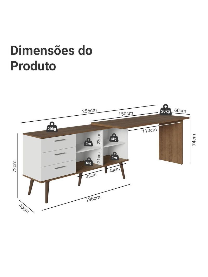 Escrivaninha Em L Mesa Para Computador Gamer 3 Gavetas Branco/rustic Lisboa Madesa