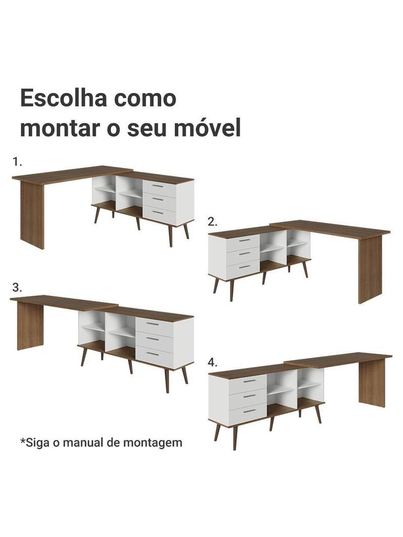 Escrivaninha Em L Mesa Para Computador Gamer 3 Gavetas Branco/rustic Lisboa Madesa