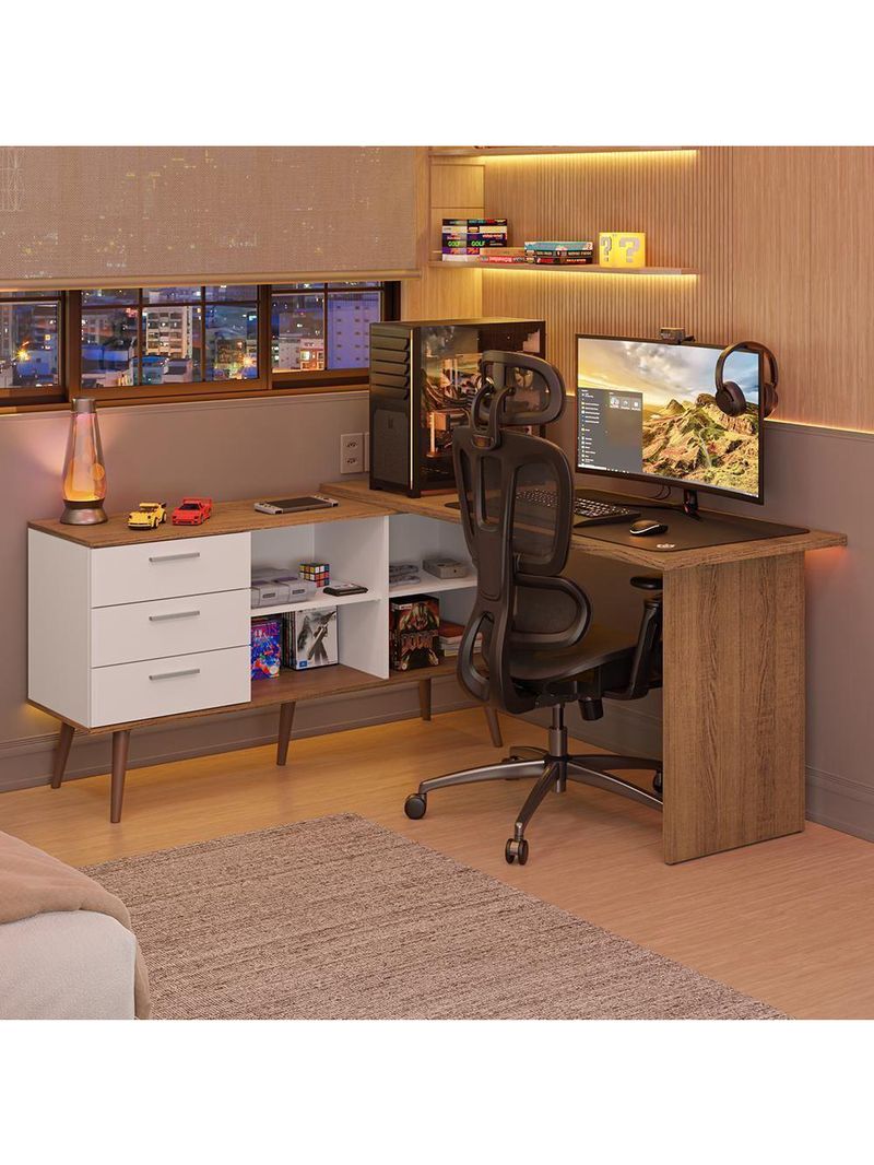 Escrivaninha Em L Mesa Para Computador Gamer 3 Gavetas Branco/rustic Lisboa Madesa